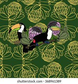 Trendy pattern with toucan and tropical leaves. Vector seamless texture.