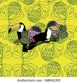 Trendy pattern with toucan and tropical leaves. Vector seamless texture.