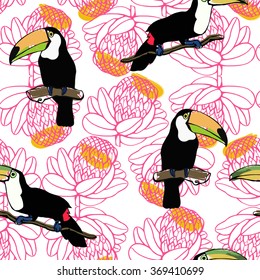 Trendy pattern with toucan and tropical leaves. Vector seamless texture.
