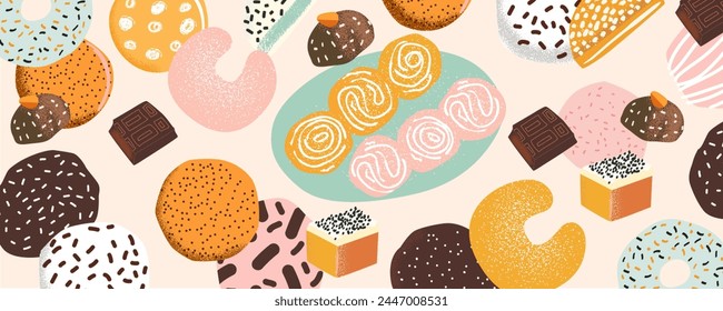 Trendy pattern with Traditional arabic Eid al Adha, Eid al Fitr sweets, cookies, cakes, candies, bakery in pastel colors on light background. Muslim holiday sweets