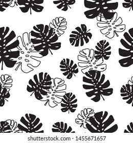 Trendy pattern with tropical leaves, monstera silhouettes. Vector botanical illustrations, floral elements. Hand drawn plant for decoration.
