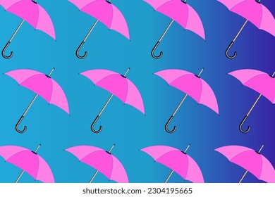 Trendy pattern with umbrellas. A set of modern pink umbrellas on a blue background