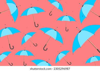 Trendy pattern with umbrellas. A set of modern blue umbrellas on a pastel pink background