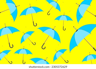 Trendmuster mit Regenschirmen. Eine Reihe von modernen blauen Regenschirmen auf pastellgelbem Hintergrund
