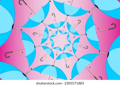 Trendy pattern with umbrellas. A set of modern blue umbrellas on a pastel pink background