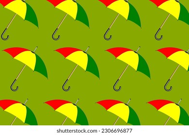 Trendmuster mit Regenschirmen. Eine Reihe moderner, bunter Regenschirme auf grünem Hintergrund
