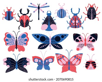 Trendy patterned butterflies and bugs. Colorful