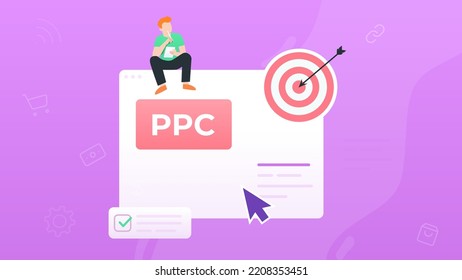 Trendy "Pay Per Click" illustration with browser window and target hit on pink background. A man sits on a browser window and develops a strategy. Dribble style.