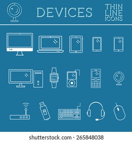 Trendy PC, computer, mobile gadgets and device line icons, mono vector symbols and elements of technologies. Can be used as buttons, elements in infographics, icons, logo. Vector illustration