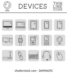 Trendy PC, mobile gadgets and device line icons and buttons . Graphic vector symbols and elements of technologies. Can be used as buttons, elements in infographics, icons, logo. Vector illustration