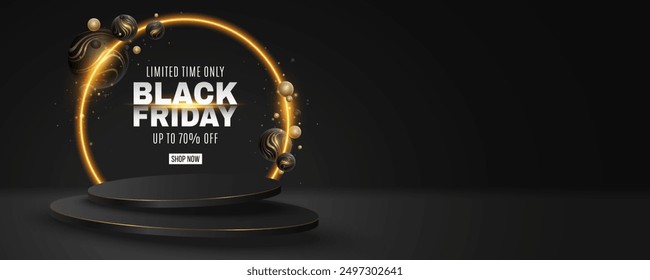 Trendy pedestal for show your product on Black Friday Sale. Levitating 3d podium with dynamic spheres textured golden striped pattern on dark background. Vector illustration