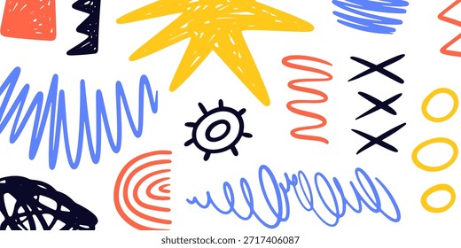 Trendy pen, crayon scribble doodle cut out shapes collage pattern background. Contemporary hand drawn graphic elements texture. Vector illustration flat style design decorative forms