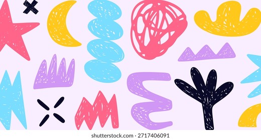 Trendy pen, crayon scribble doodle cut out shapes collage pattern background. Contemporary hand drawn graphic elements texture. Vector illustration flat style design decorative forms