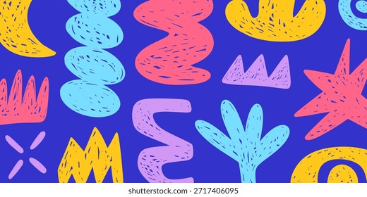 Pluma de moda, crayón garabato doodle recortado Formas patrón de collage de fondo. Textura de Elementos gráficos dibujados a mano contemporáneos. Formas decorativas de diseño de estilo plano de Ilustración vectorial
