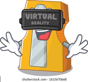 Trendy pencil sharpener character wearing Virtual reality headset