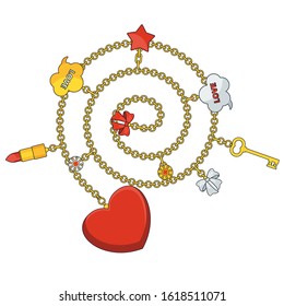 Trendy pendant with chains, heart and bow. Jewelry Luxurious accessories for Valentine's day. Fashon collection for woman. Outline Flat vector on white background.
