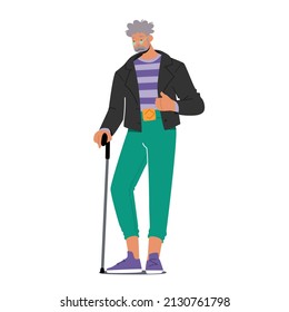 Trendy Pensioner with Walking Cane, Old Grey Haired Male Character Wear Fashionable Clothes Isolated on White Background. Stylish, Modern, Elegant Senior Man Posing. Cartoon People Vector Illustration