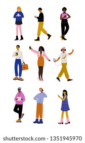 Trendy People with Gadgets Set, Young Men and Women Using Hi Tech Technologies Vector Illustration