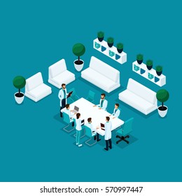 Trendy people isometric, doctor's office, staff, hospital staff, surgeons and doctors consultation are isolated on a blue background.