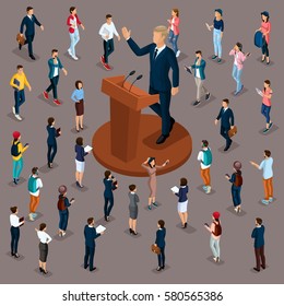 Trendy People Isometric vector 3D businessmen, people, students, teenagers, workers, meeting vote, the president at a meeting with voters, performance at trebune, isolated on a dark background.