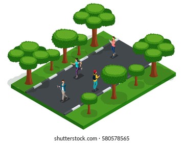 Trendy People Isometric Vector 3D Teenagers, Young People, Students, Freelancers, Running, Walking In The Park, Beautiful Clean Territory With Manicured Trees.