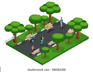 Trendy People Isometric vector 3D teenagers, young people, students, freelancers, running, walking in the park, benches, work outdoors.