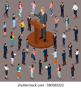 Trendy People Isometric vector 3D businessmen, people, students, teenagers, workers, meeting vote, the president at a meeting with voters, trebune speech at the audience, isolated on a dark background