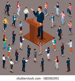 Trendy People Isometric vector 3D businessmen, teenagers, workers, meeting the president meeting with voters, trebune performance audience, press, questions, isolated on a dark background.