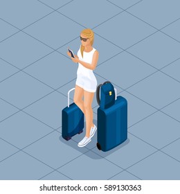 Trendy People Isometric vector 3D teenager young girl in summer and stylish clothes, student, freelancer, traveler, vacation, airport, baggage, phone internet social networks.