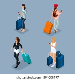 Personas de moda Vector isométrico 3D adolescente, una niña joven en una chaqueta de cuero, pantalones de cuero, ropa con estilo, chica fresca, viajero, vacaciones, aeropuerto, equipaje, teléfono, redes sociales de Internet.
