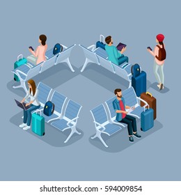Trendy People Isometric vector 3D teenager, a young girl in a leather jacket, leather pants, stylish clothes, cool girl, traveler, vacation, airport, baggage, phone internet social networks.