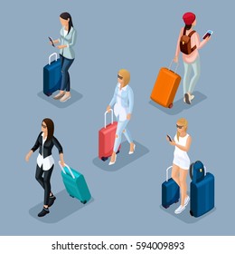 Trendy People Isometric vector 3D teenagers, young girls in stylish clothes, traveler, vacation, airport, baggage, telephone Internet social networks on a dark background.