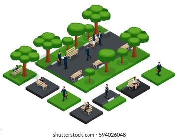 Trendy People Isometric vector 3D businessmen and business woman icons to create your own urban park benches, fresh air, business communication isolated.