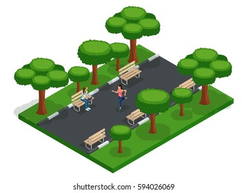 Trendy People Isometric vector 3D teenagers, young people, students, freelancers, running, city park benches, work outdoors.