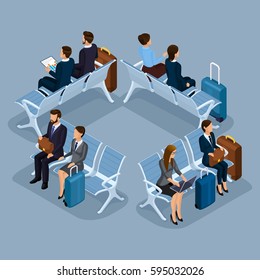 Trendy People Isometric vector 3D businessmen and business ladies at the airport in the waiting room, front view rear view, luggage, travel isolated on a blue gray background.