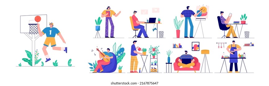 Trendy people playing guitar, read book, gardening, gaming, blogging, podcasting . Set of man and woman enjoying their hobbies, work, leisure. Vector illustration in flat cartoon style.