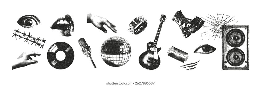  Trendy photocopy monochrome stipple elements set. Speaker, shoe, cracked mirror, eye, guitar, mouth, microphone, vinyl record, disco ball. Grunge punk dots texture for collage design.
