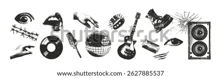  Trendy photocopy monochrome stipple elements set. Speaker, shoe, cracked mirror, eye, guitar, mouth, microphone, vinyl record, disco ball. Grunge punk dots texture for collage design.