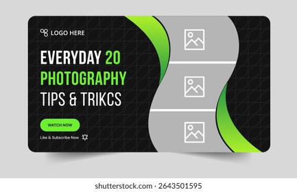 Trendy photography daily tips and tricks video thumbnail banner design, daily photography learning tips and techniques video cover banner design, editable vector eps 10 file format