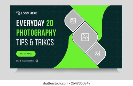 Trendy photography daily tips and tricks video thumbnail banner design, daily photography learning tips and techniques video cover banner design, editable vector eps 10 file format