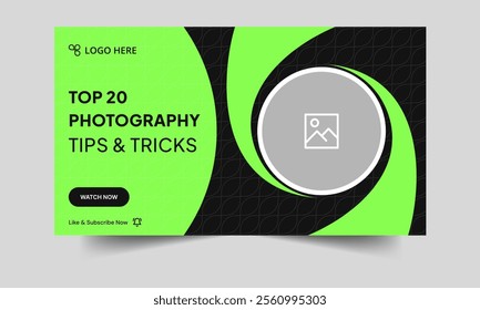 Trendy photography tips and tricks video thumbnail banner design, daily photo shoot technique video cover banner design, fully customizable vector eps 10 file format