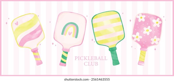 Trendy Pickleball Paddles Preppy Banner Aesthetic Pastel Watercolor Art in Green and Pink