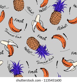 Trendy  Pineapple and  banana hand drawn sketch ,greeting Aloha fresh ,summer time ,seamless pattern for fashion and all fabric on light grey background color.
