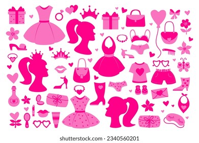 Trendy pink aesthetic collection. Vector illustration. Isolated nostalgic glamorous elements barbiecore accessories for girl princess, silhouette for design  