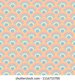 Trendy pink blue fish scales squama background, vector seamless fabric pattern, tiled textile print. Traditional chinese squama scales seamless arc tiles design. Dragon skin pattern.