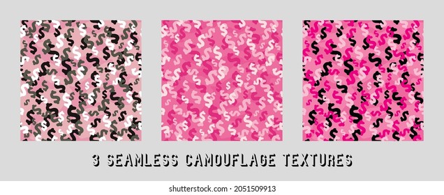 Trendy pink camouflage military pattern with dollar sign. Vector camouflage pattern for clothing design.