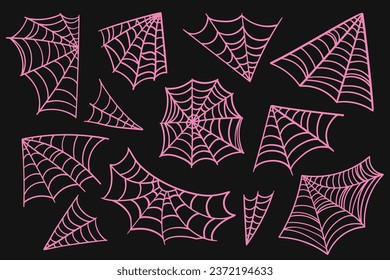 Trendy pink cobweb collection. Spider web set. Creepy Halloween decoration.