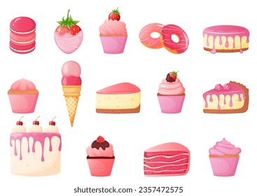 Trendy pink color set of cakes and desserts