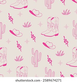 Trendy pink cowgirl set. Seamless pattern with cowboy boots, hat, cactus, snake. Wild west, western themed. Hand drawn vector design