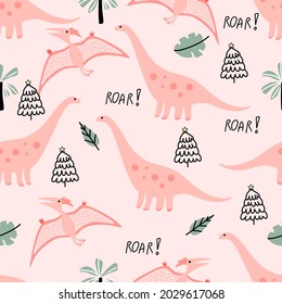 Trendy pink dino hand drawn in doodle style seamless pattern on pink background for fashion print, wallpaper, gift wrapping paper etc.
